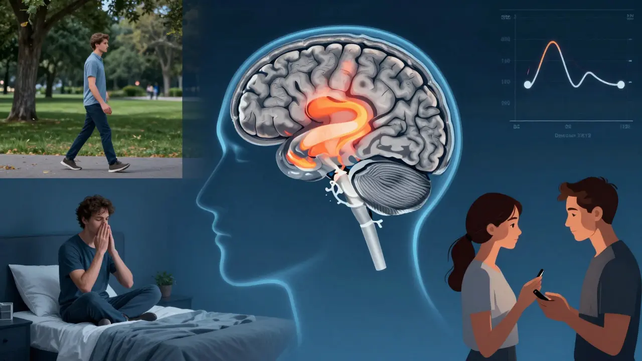 Conceptual brain scan showing focused attention areas glowing amid daily mindful moments.