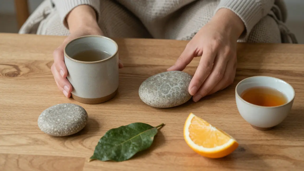 Hands touching five sensory objects on a wooden table.