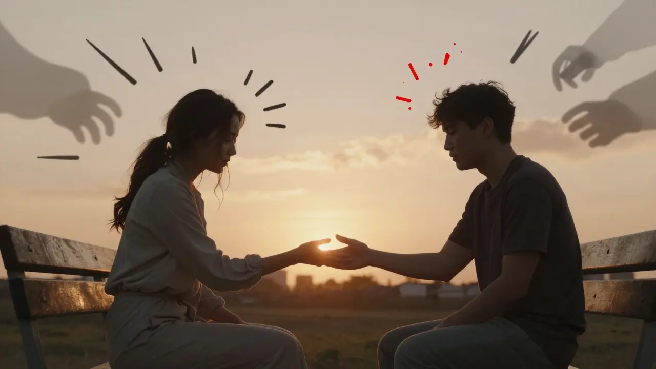 Two hands held gently at sunset, surrounded by fading stress and anxiety symbols.