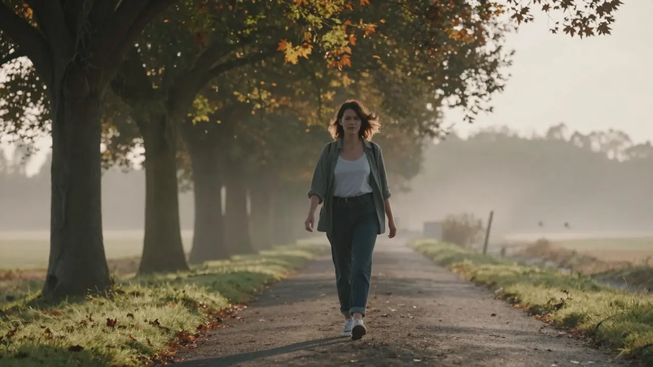 Woman walking peacefully on a tree-lined path at sunrise.