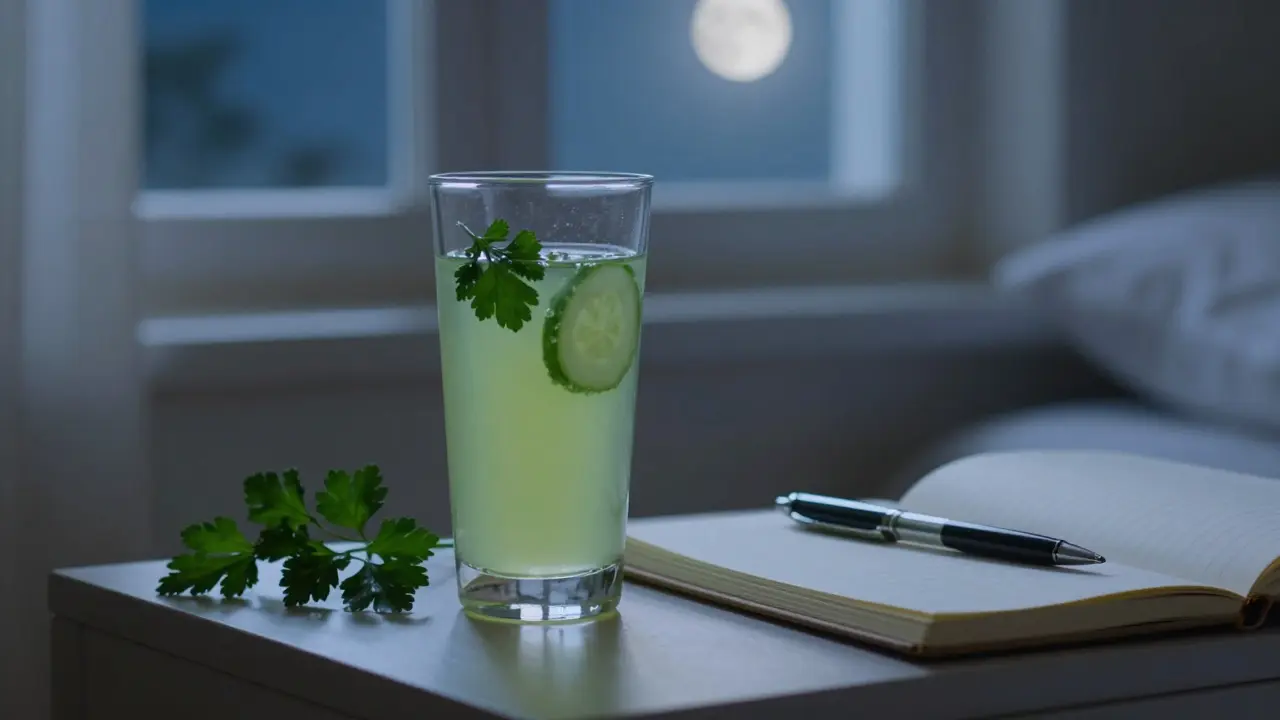 A calming nighttime scene with a restorative juice glass on a bedside table under moonlight.