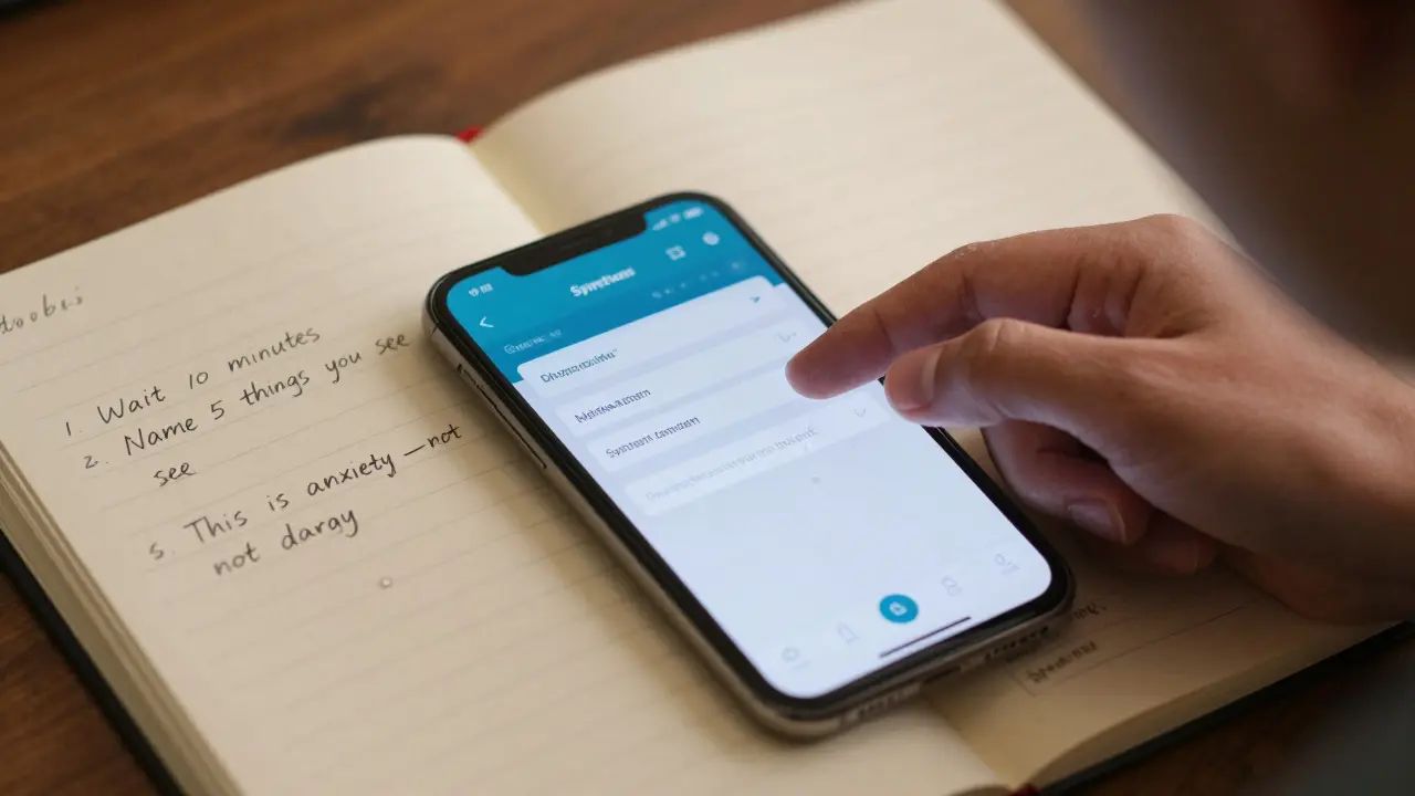A hand hovering over a symptom app while a therapist's notebook with CBT exercises lies nearby, tear on the page.