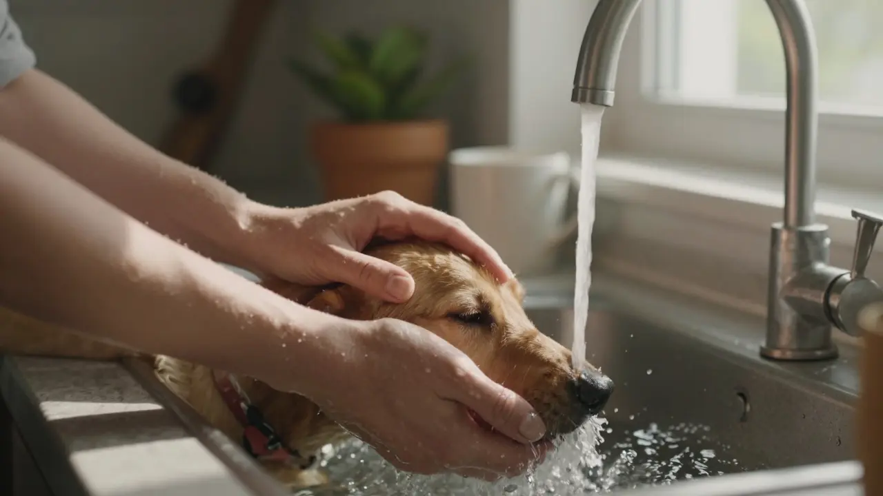 A hand resting on a pet while another is in warm water, sunlight streaming through a kitchen window.