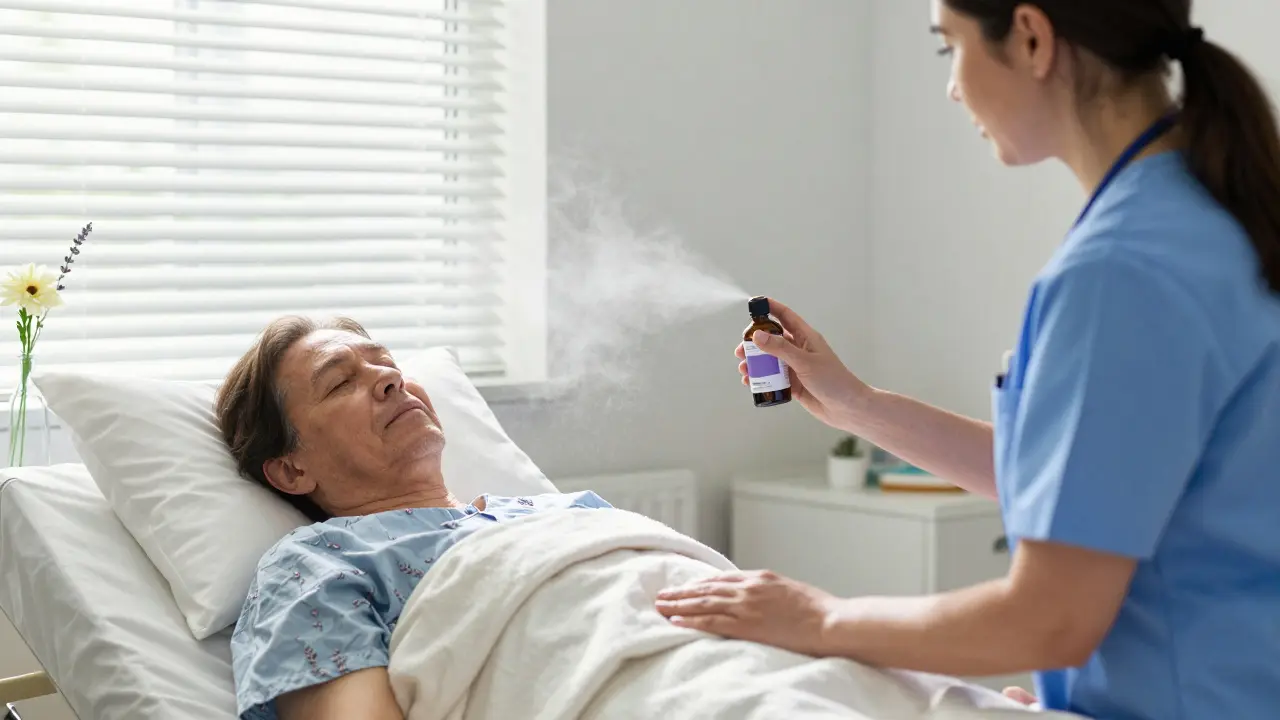 A nurse misting lavender hydrosol in a calm hospital room to soothe a patient.