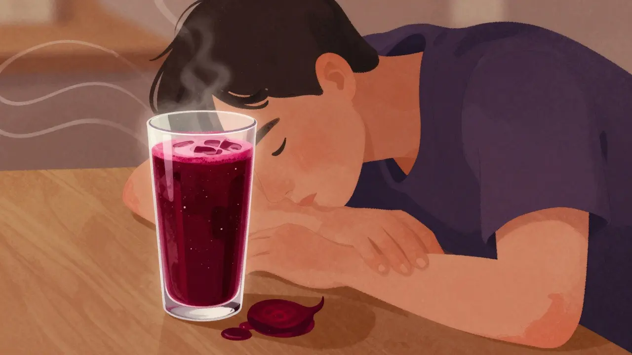 A person at work with a vibrant beet and turmeric juice glowing beside them, symbolizing renewed energy.