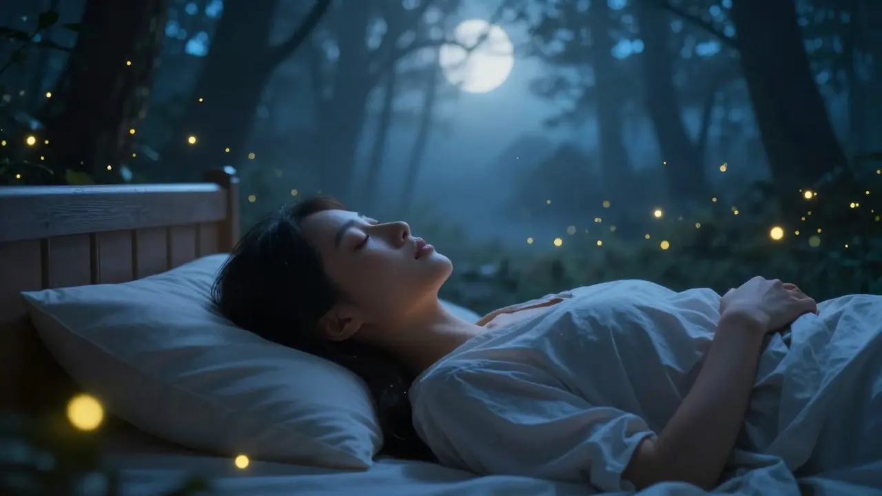 A person lying in bed visualizing a peaceful forest with glowing fireflies at night.
