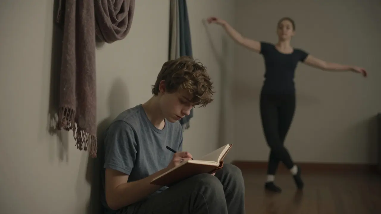 A teenager writing in a journal during expressive therapy, with flowing scarves symbolizing emotional freedom.