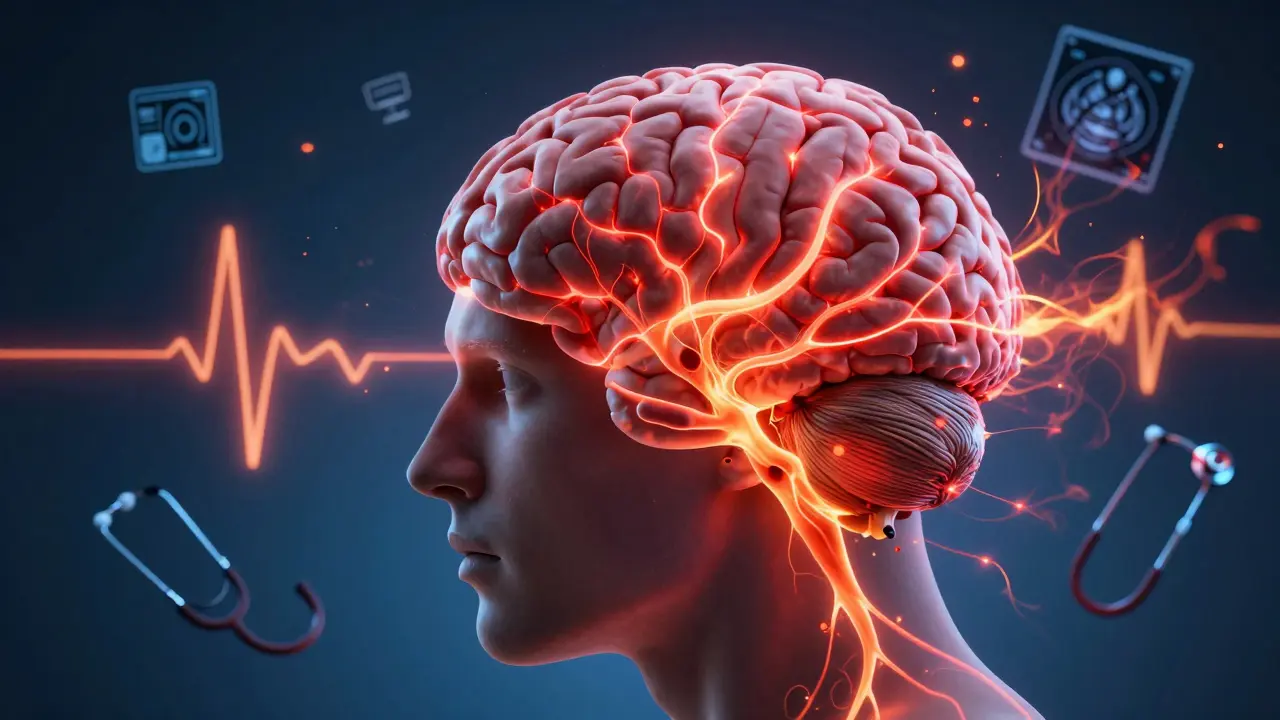An abstract brain glowing with fear signals triggered by bodily sensations, surrounded by chaotic medical icons.