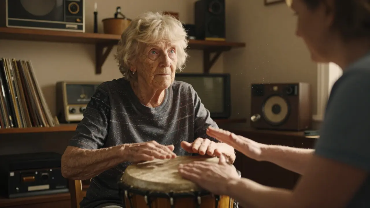 An elderly woman drumming in rhythm with a music therapist, surrounded by musical instruments in warm lighting.