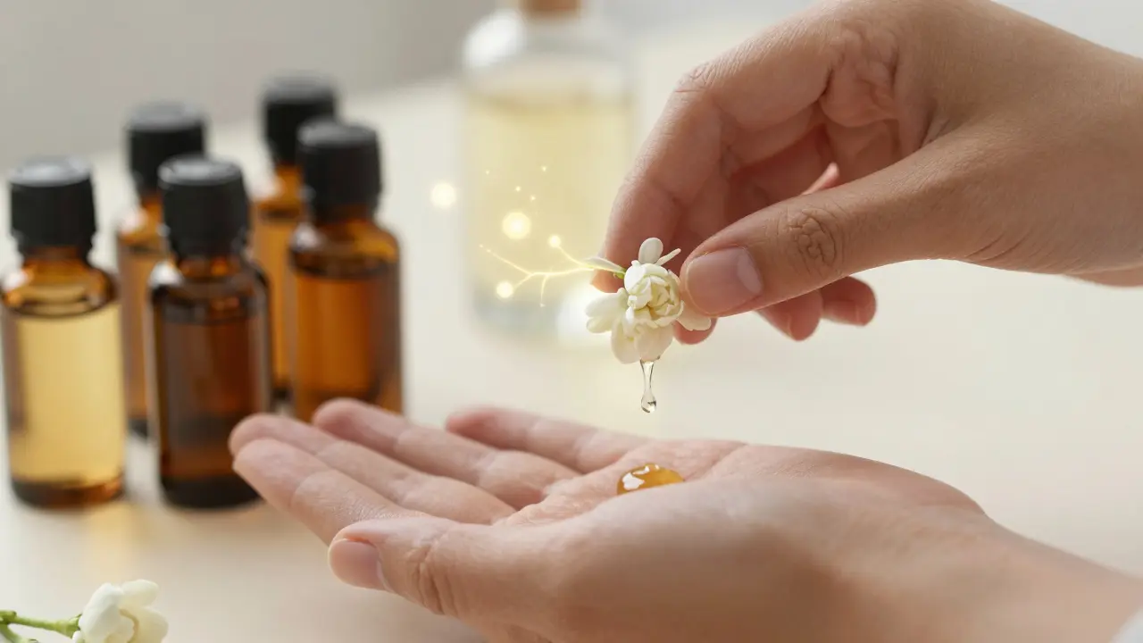 Hands applying jasmine absolute near vials of aromatic plant extracts, with glowing scent particles.