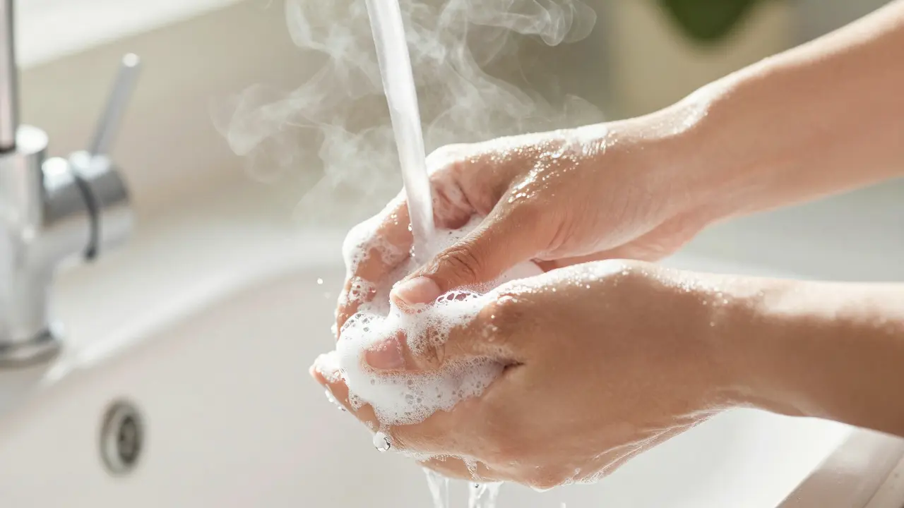 Hands washing dishes with sunlight and steam, focused expression