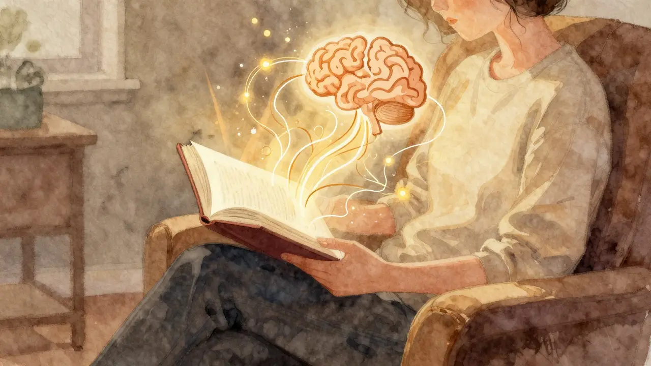 Person reading book with golden light rays symbolizing self-awareness