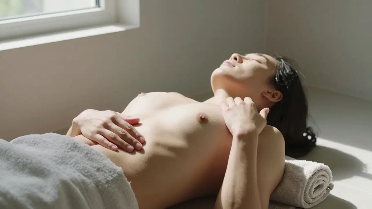 Someone doing progressive muscle relaxation on a bathroom floor during a lunch break.