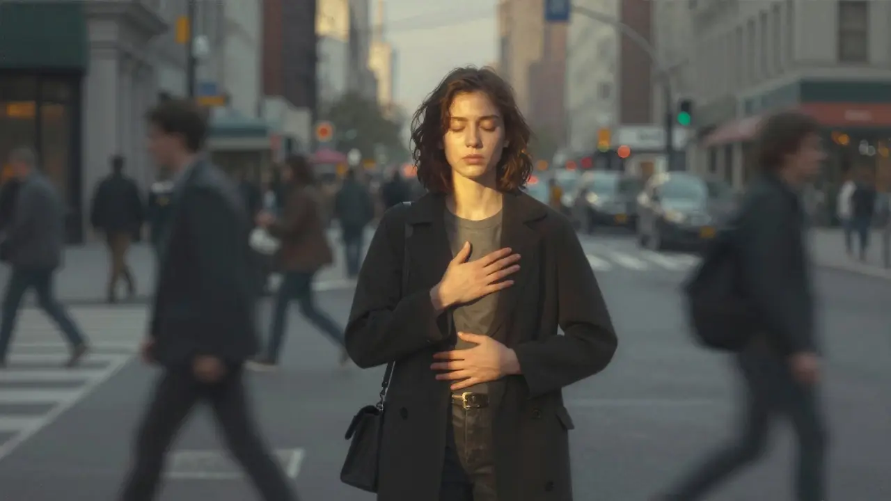 A calm individual standing still amidst a blurred, bustling city street.