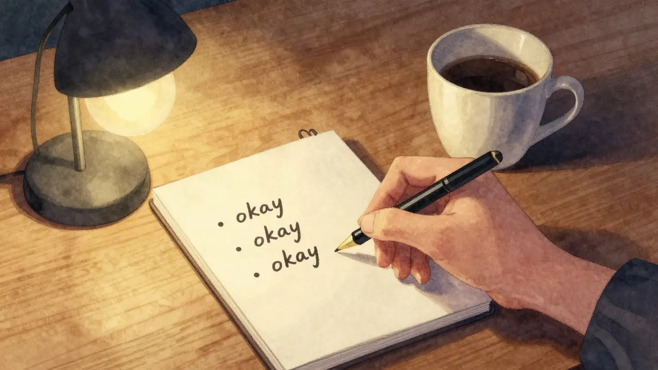 A hand writing three simple words in a notebook at night under a soft lamp.