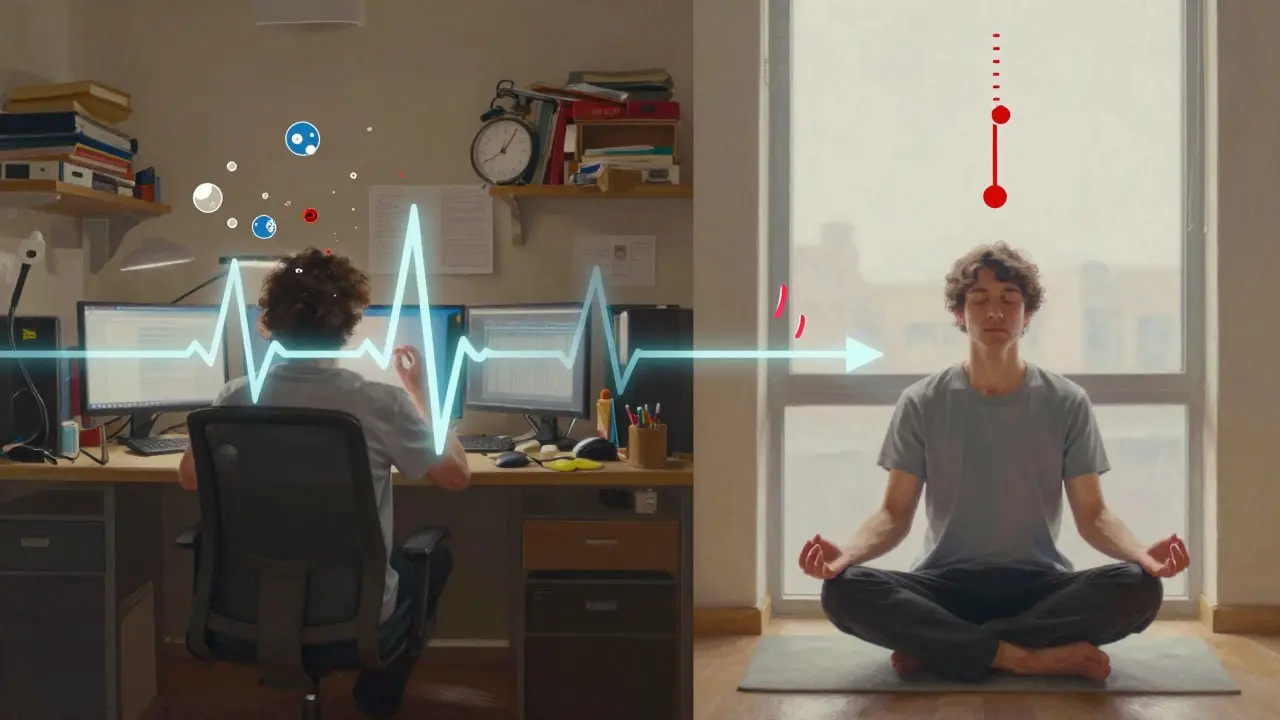 A split image contrasting a stressful office scene with a calm meditation moment.