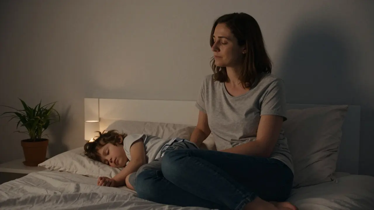 A woman breathing peacefully beside her sleeping child in a softly lit bedroom at dusk.