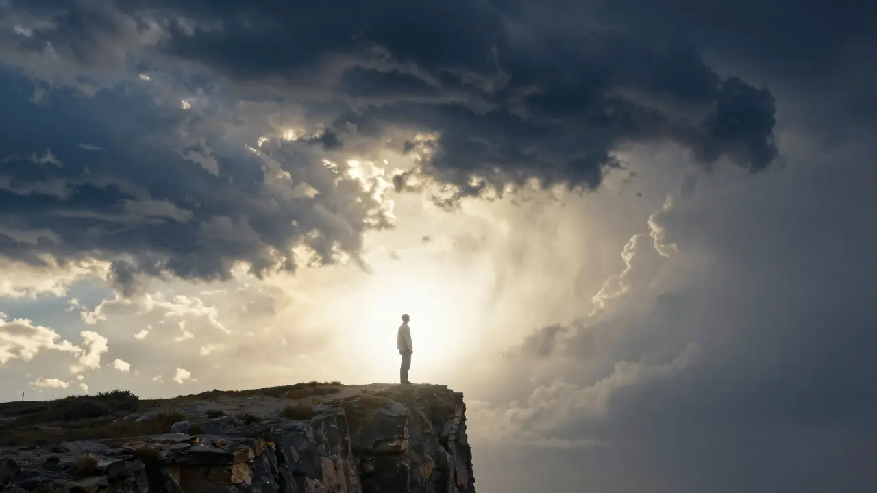Figure standing calmly while storm clouds swirl around.