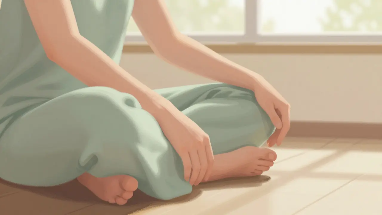 Hands resting on knees in a sunlit room for grounding.