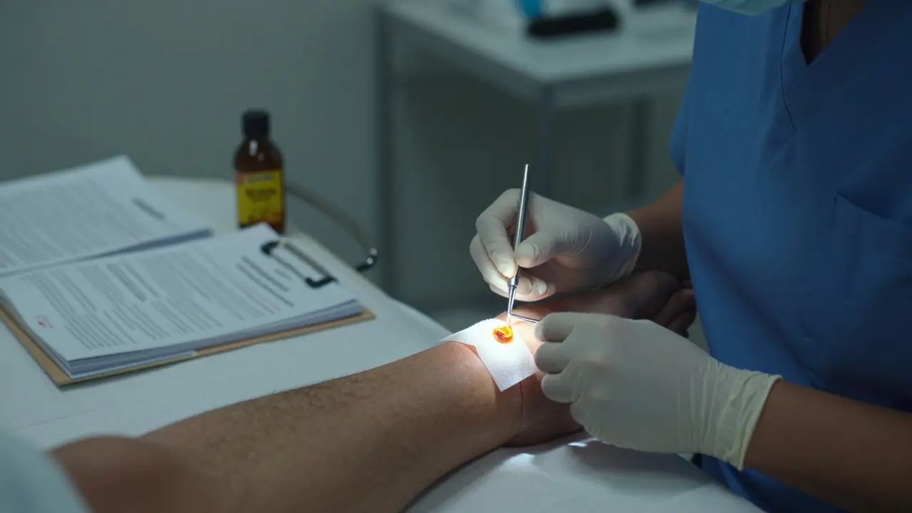Nurse applying medical honey dressing to a wound in a clinic setting.
