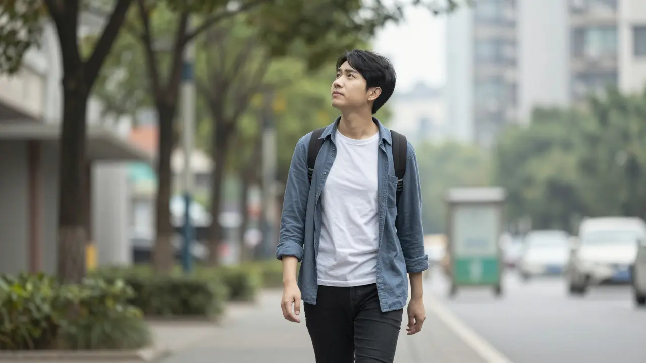 Someone walking peacefully outdoors at midday, looking up at the sky without a phone.