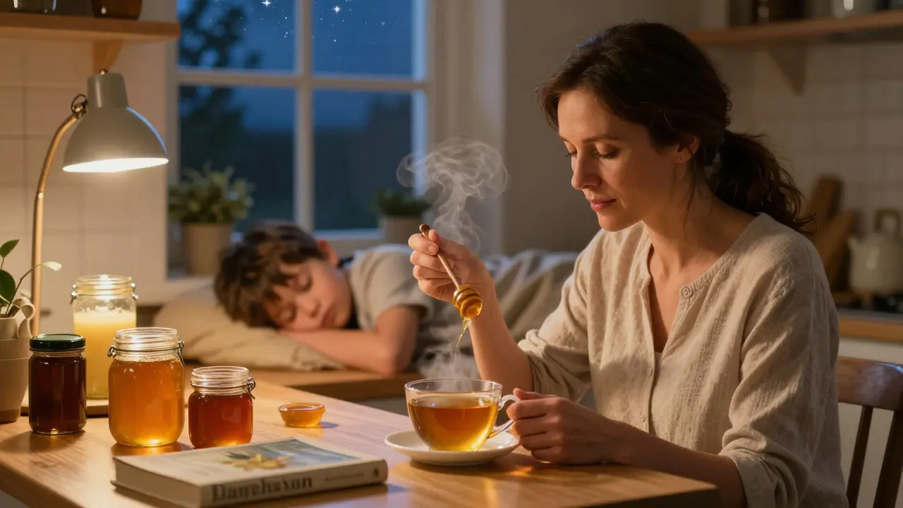 Woman taking honey before bed with tea and sleeping child in cozy kitchen.