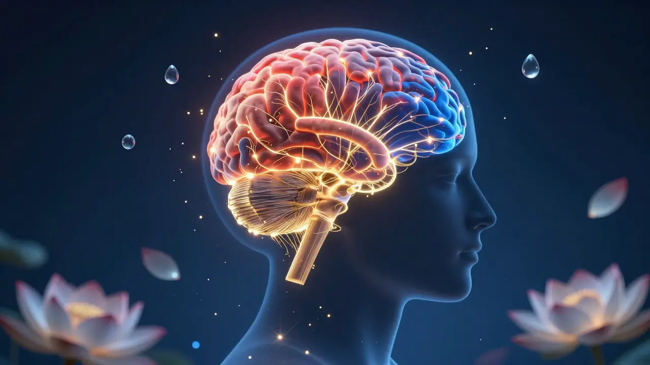 A conceptual silhouette of a head showing a glowing brain transitioning from red to blue