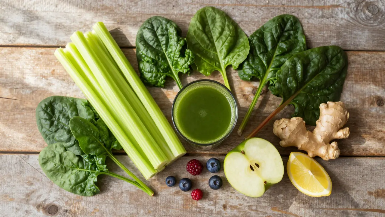 A green juice glass surrounded by a balanced variety of fresh vegetables, berries, and ginger
