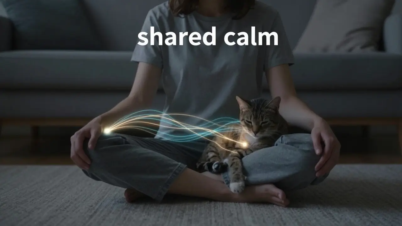 A person and a cat resting together in a peaceful room with symbolic glowing light