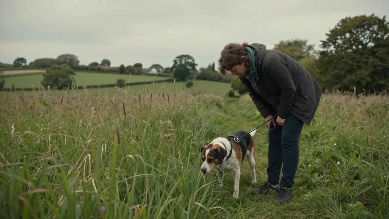 A person and dog pausing to explore nature during a slow sensory walk in a meadow