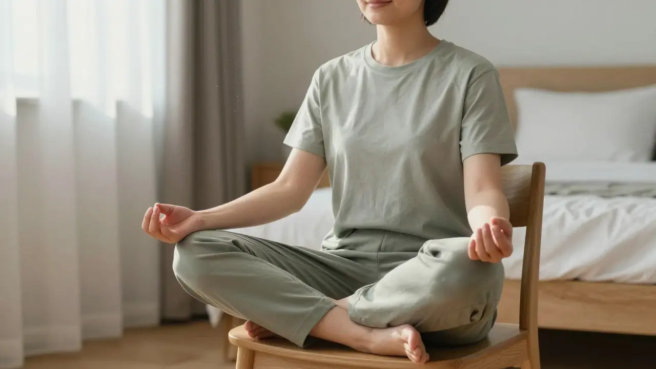 A person meditating in a peaceful, sunlit corner of a bedroom
