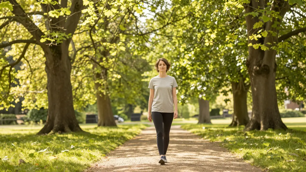 A person walking peacefully through a sunny, green park to reduce stress.