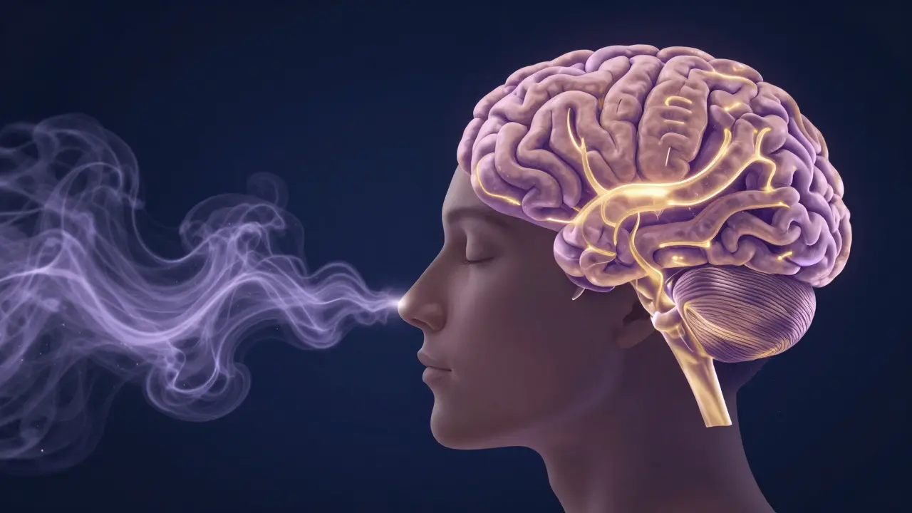Abstract illustration of aromatic vapors traveling from a person's nose to the brain's limbic system.