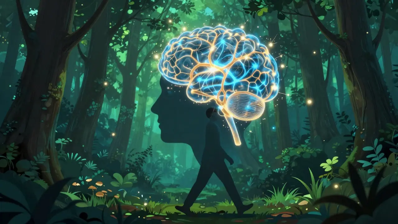 Artistic silhouette of a walker with a glowing, active neural network in their brain.