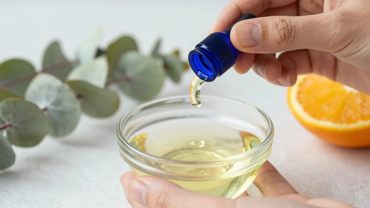 Close-up of essential oil being dropped into a carrier oil for dilution in a glass bowl