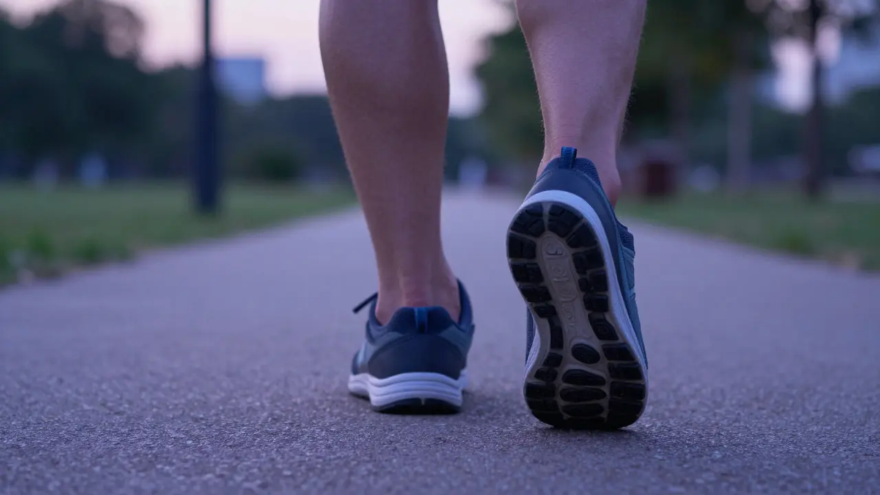 Close-up of walking shoes on a park path during the blue hour of twilight.