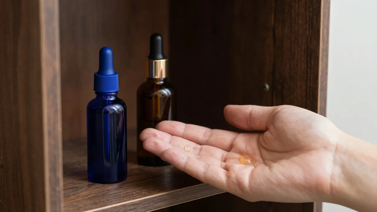 Dark blue and amber glass oil bottles stored in a dark cupboard next to oil drops in palms.