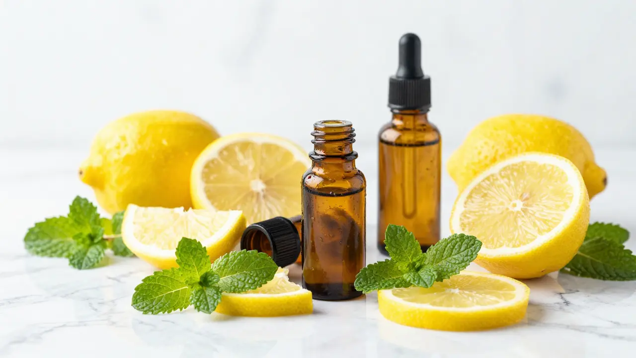 Fresh lemon slices and mint leaves next to amber essential oil bottles on a white marble surface