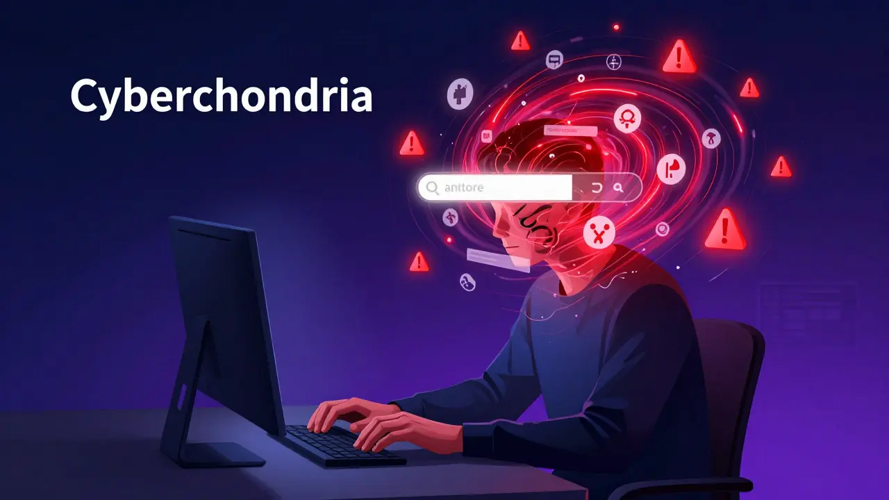 Surreal illustration of a person overwhelmed by a vortex of digital medical search results.