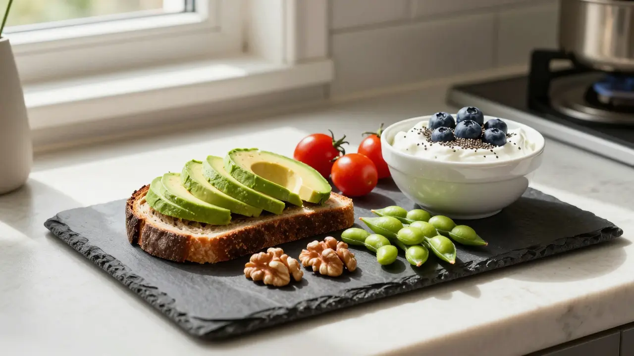 Avocado toast, nuts, and yogurt on a kitchen table
