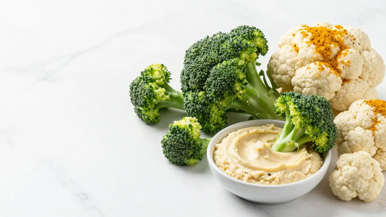 Broccoli and cauliflower with turmeric and hummus