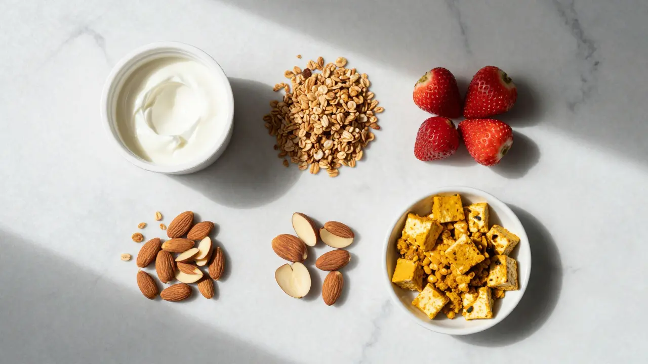 Flat lay of Greek yogurt, granola, fruit, and tofu scramble