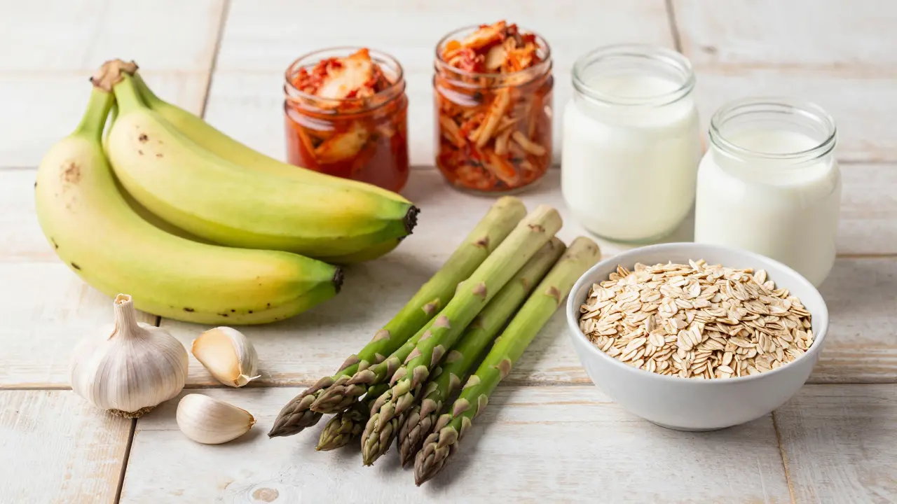 Fresh prebiotic and probiotic foods like bananas, garlic, and fermented items.