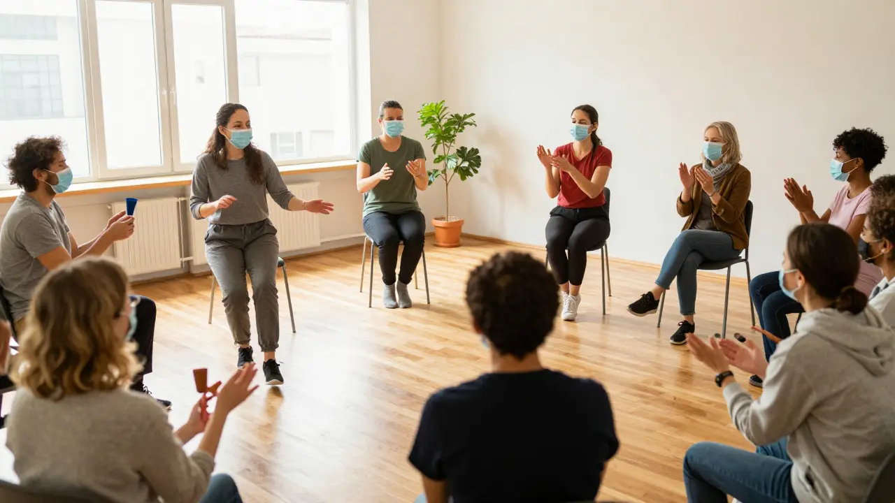 Group of adults engaging in drama therapy role-play exercises