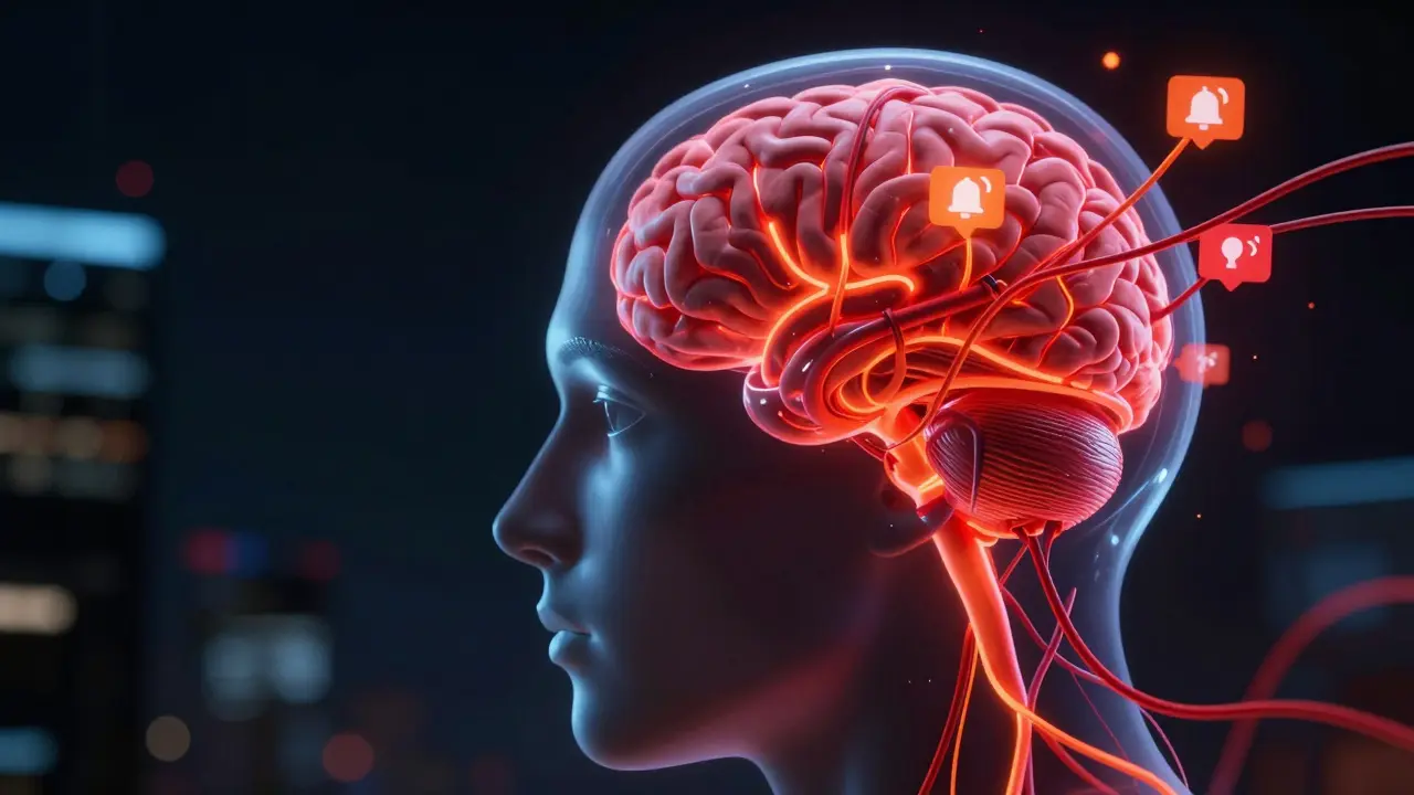Human brain entangled in glowing digital wires and notifications.