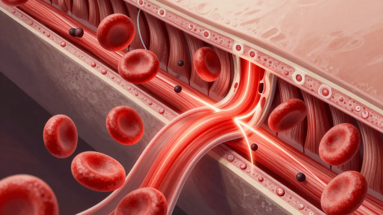 Illustration of muscle fibers repairing with increased blood flow during massage