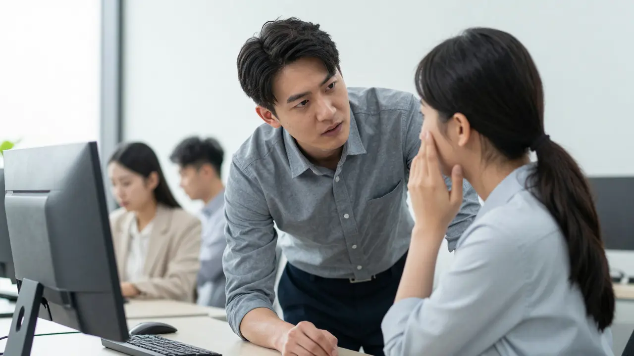 Manager listening empathetically to an employee in a quiet office corner.
