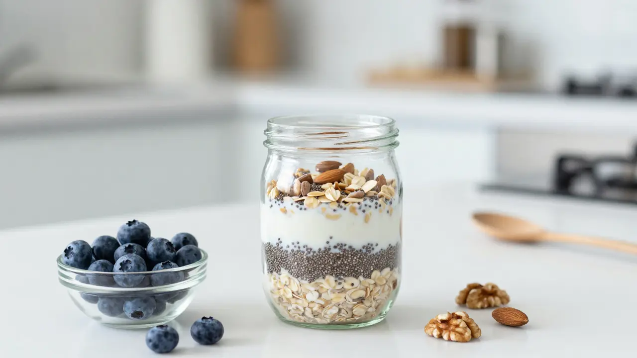 Overnight oats jar with berries and nuts on kitchen counter