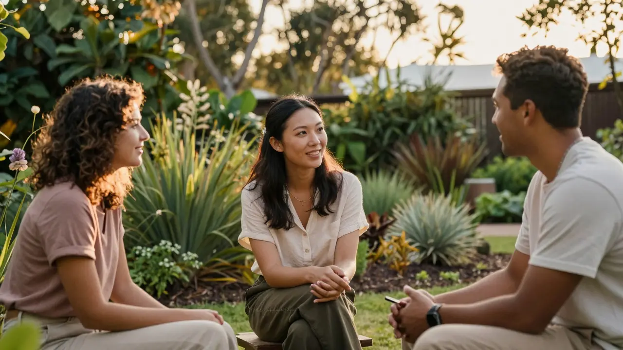People connecting face-to-face in a sunny community garden.