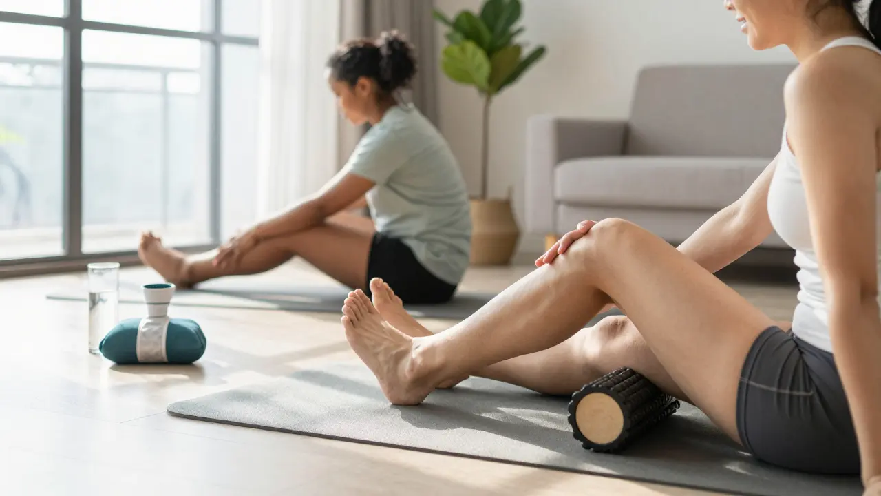 People using foam rollers and stretching at home for muscle recovery